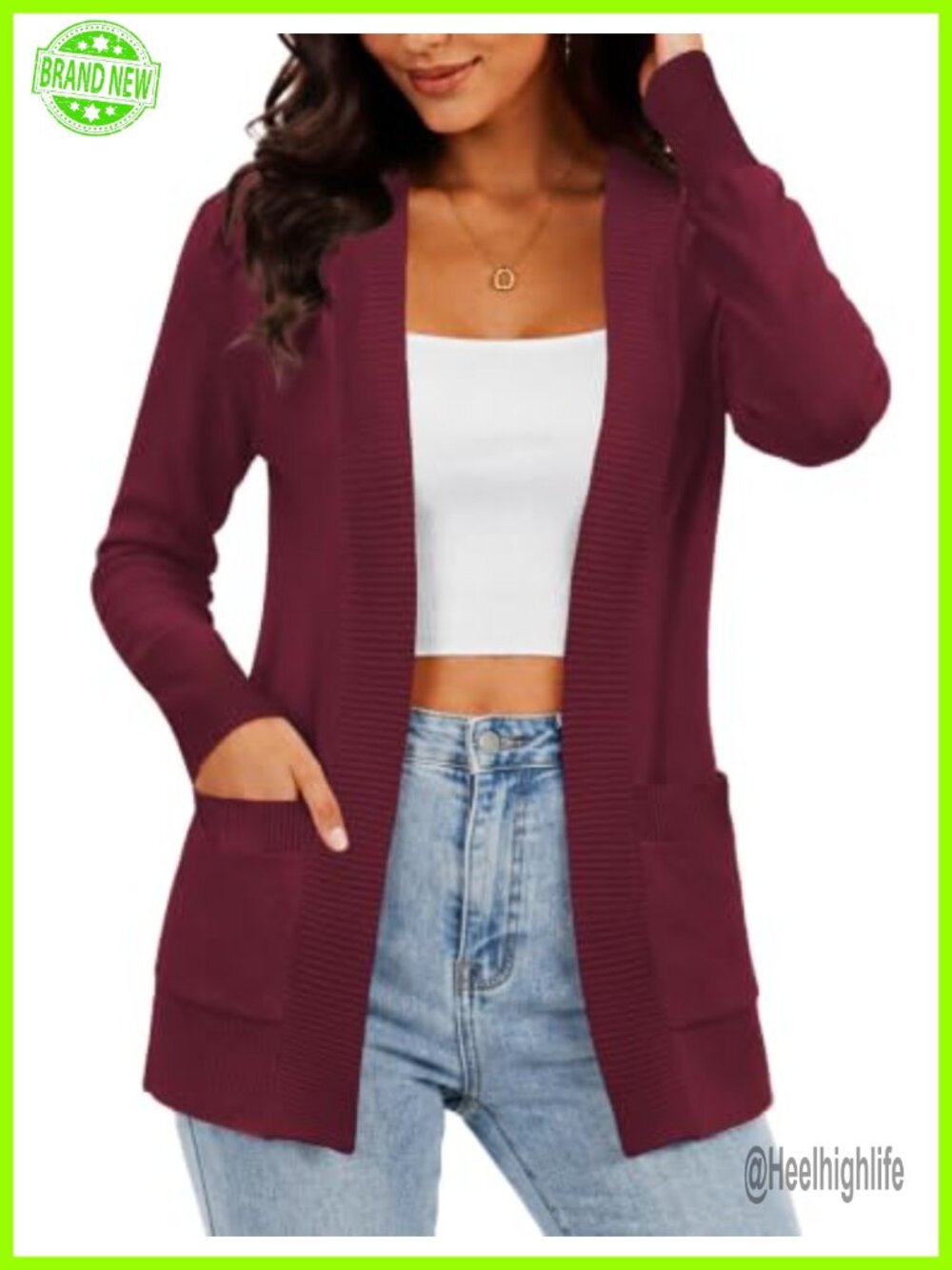Open Front Cardigan Sweater with Pockets Viscose Nylon